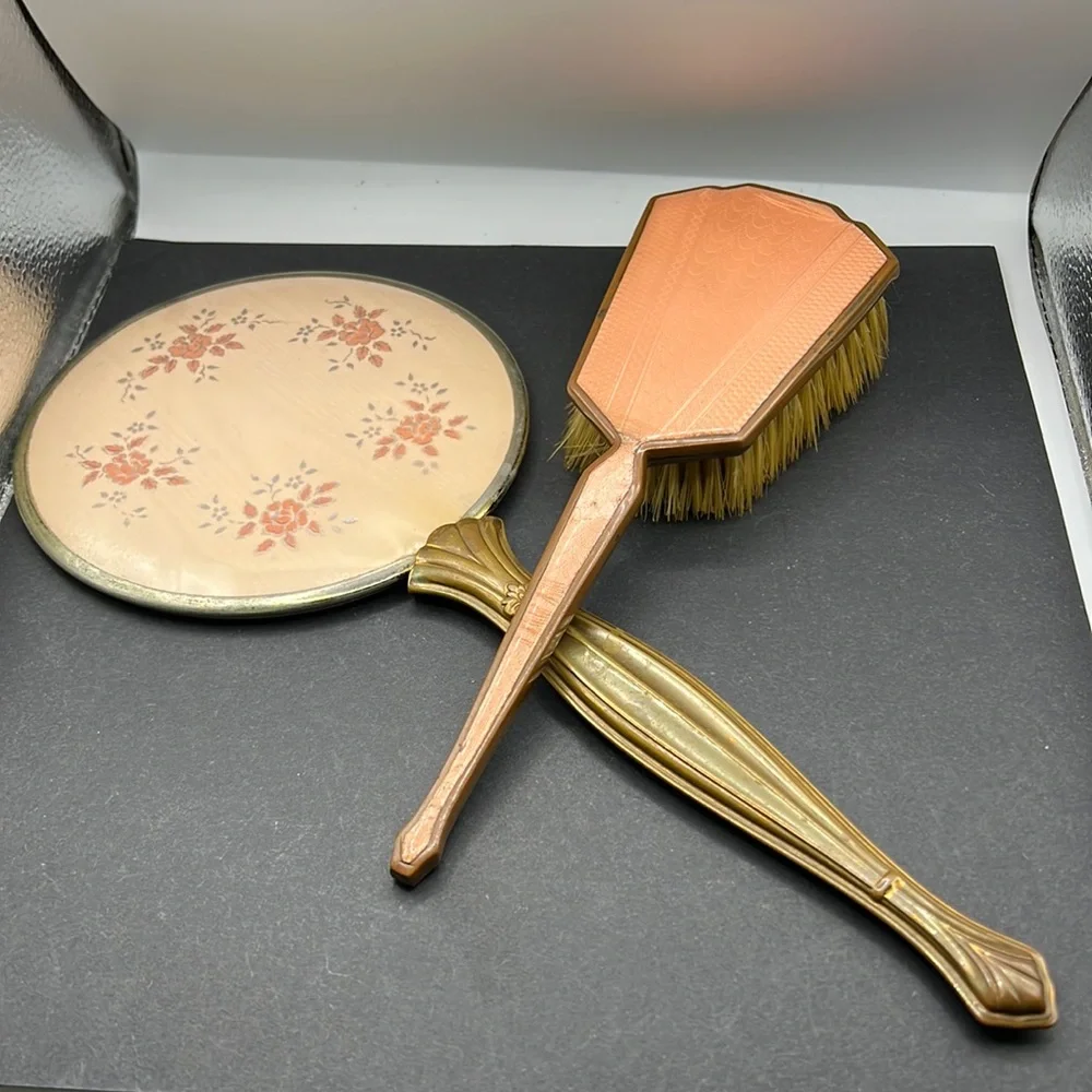 Vintage vanity flower mirror and brush set